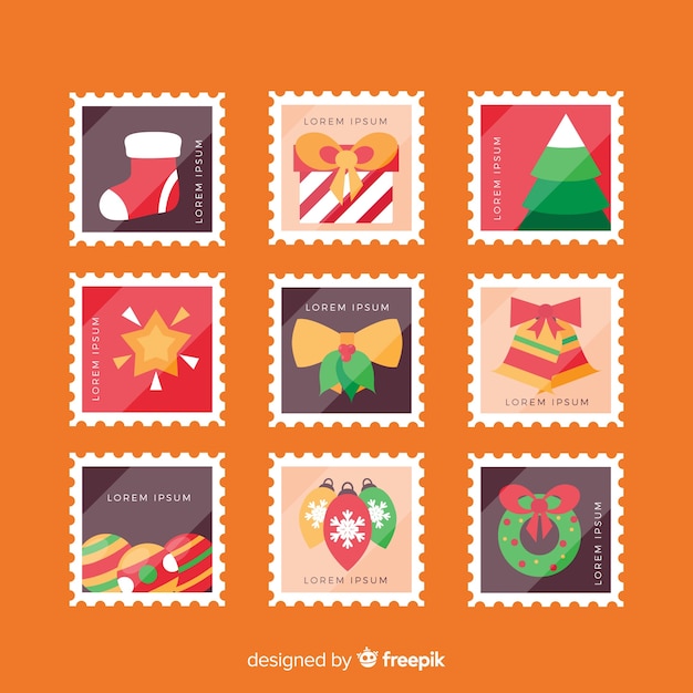 Free vector lovely christmas stamp collection with flat design