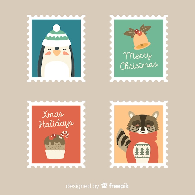 Free vector lovely christmas stamp collection with flat design