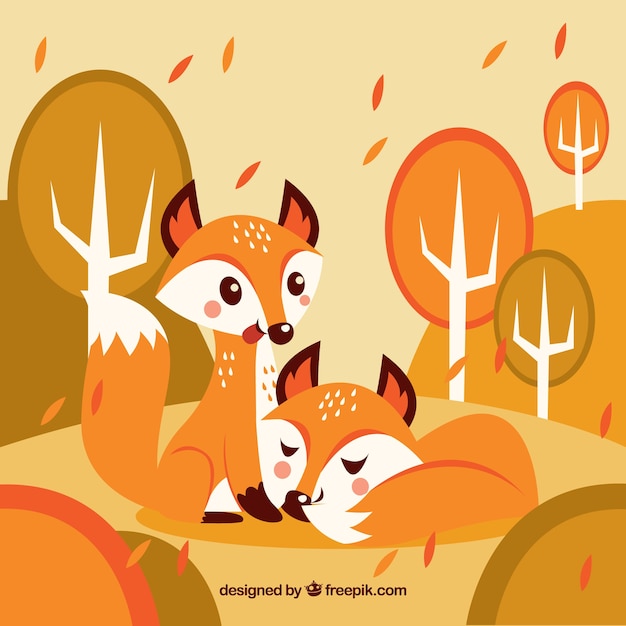 Free vector lovely couple of foxes in autumn