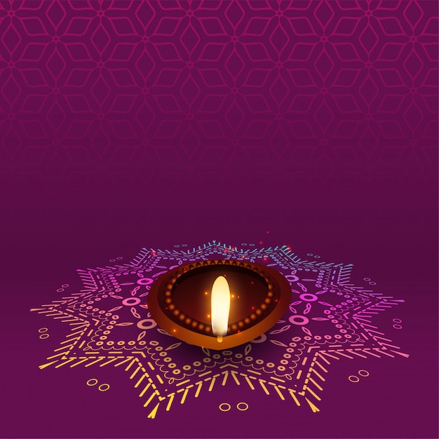 Free vector lovely diwali diya with rangoli design