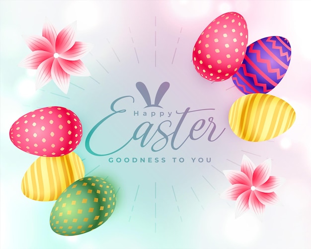 Free Vector lovely easter seasonal card with 3d colorful eggs and flower