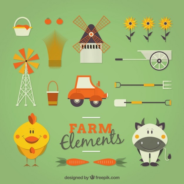 Free Vector lovely farm animals with elements in flat design