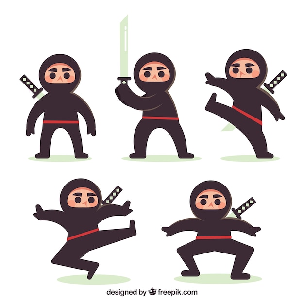 Free vector lovely flat ninja character in different poses