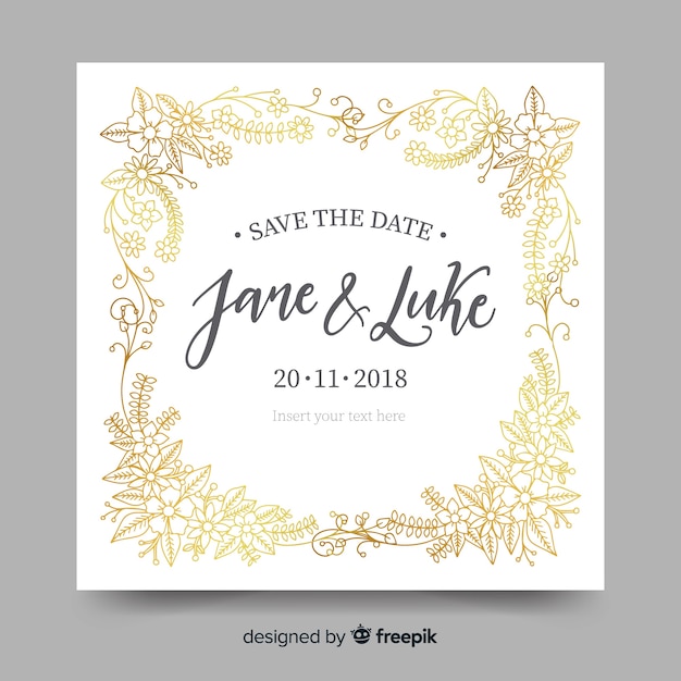 Lovely floral wedding invitation with golden frame