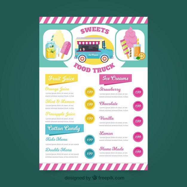 Lovely food truck menu with ice creams