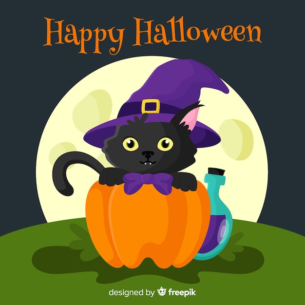 Free Vector lovely halloween black cat with flat design