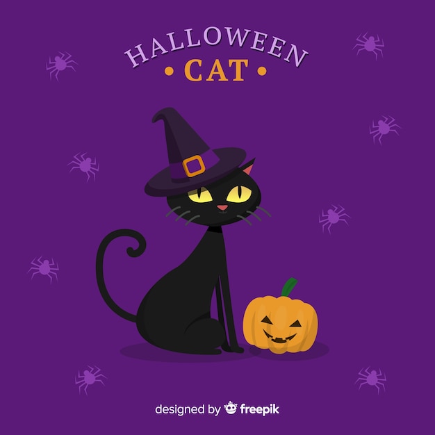 Free Vector lovely halloween cat with flat design