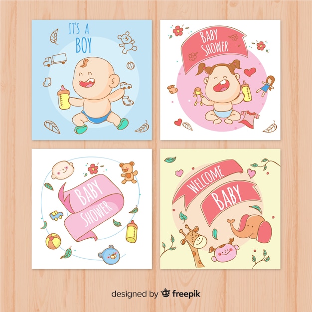 Free Vector lovely hand drawn baby shower card collection