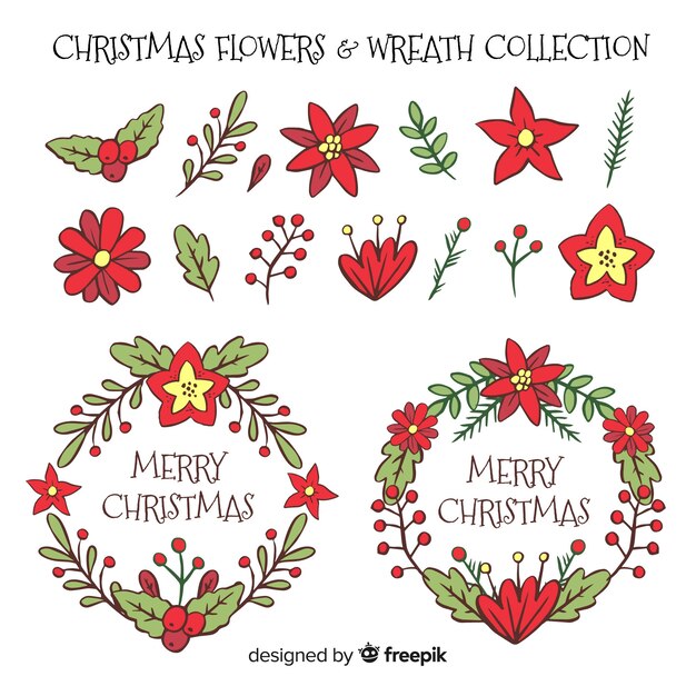 Lovely hand drawn christmas flower and wreath collection