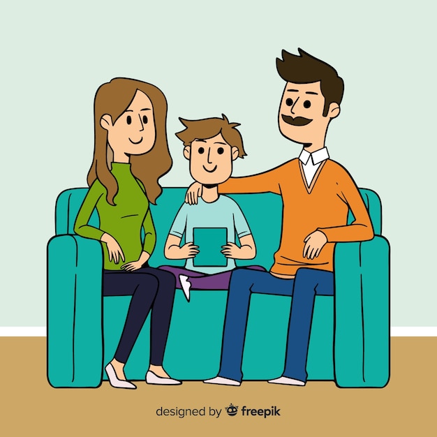 Free Vector lovely hand drawn family at home