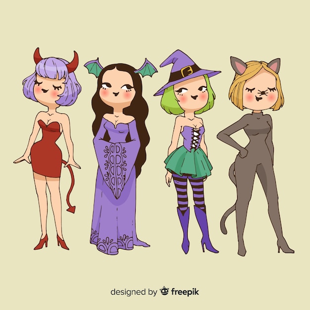 Free Vector lovely hand drawn halloween female character collection