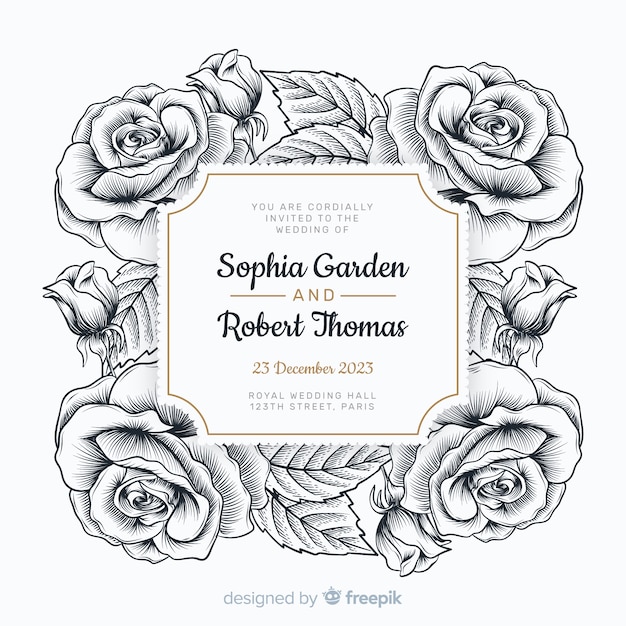 Free Vector lovely hand drawn roses and a wedding invitation 