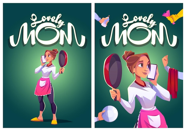 Free Vector lovely mom cartoon posters young housewife in kitchen apron speaking by smartphone with cooking pan ...