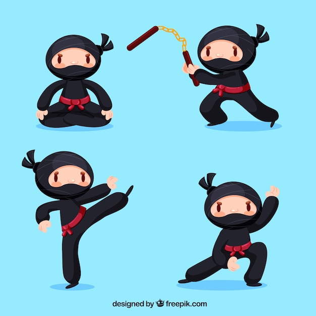 Free vector lovely ninja character collection with flat design