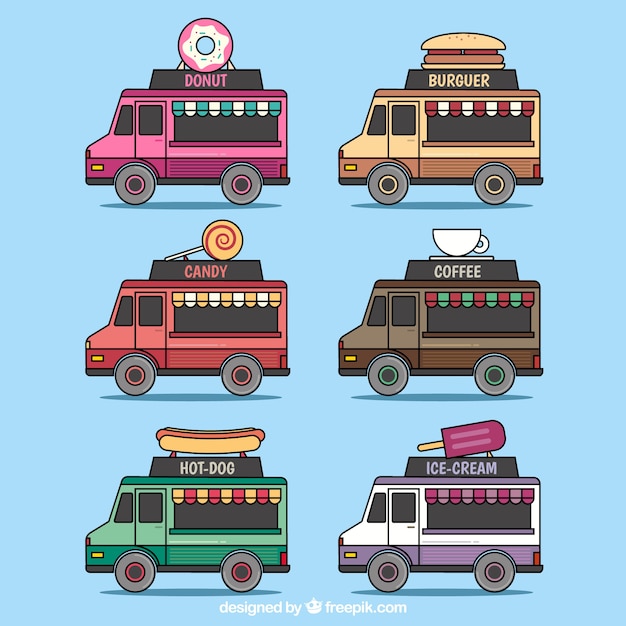 Free Vector lovely pack of hand drawn food trucks