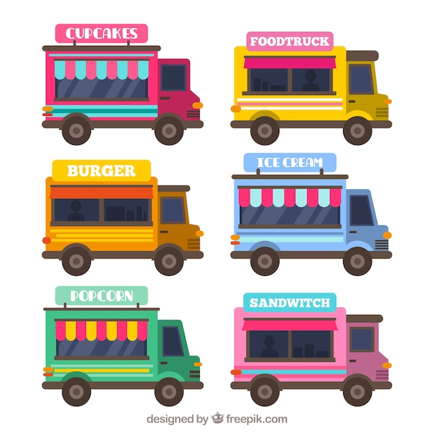 Free Vector lovely pack pack of flat food trucks