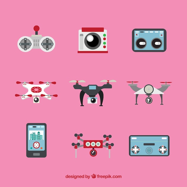 Free Vector lovely pack with drones and remote controls