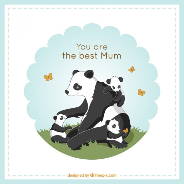 Free Vector lovely panda mom playing with her puppies card