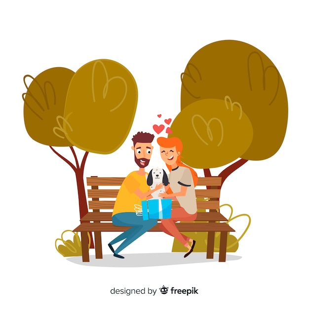 Free Vector lovely scene of couple with cute puppy in the park 