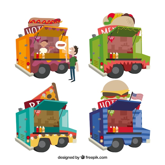 Free Vector lovely set of food truck with fun style