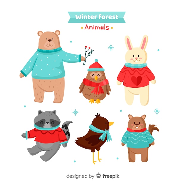 Free Vector lovely set of winter forest animals