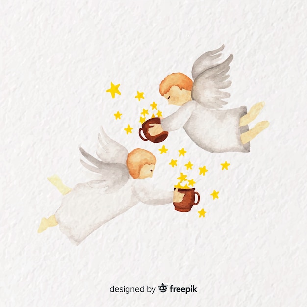 Free Vector lovely watercolor christmas angel couple background