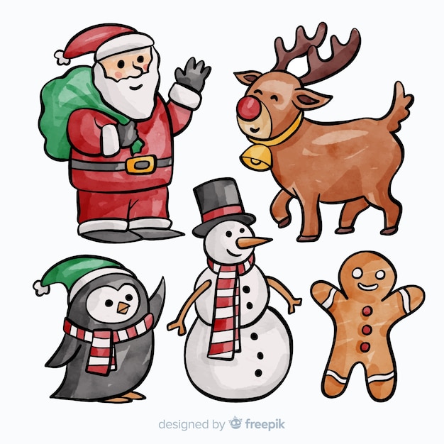 Free Vector lovely watercolor christmas character collection