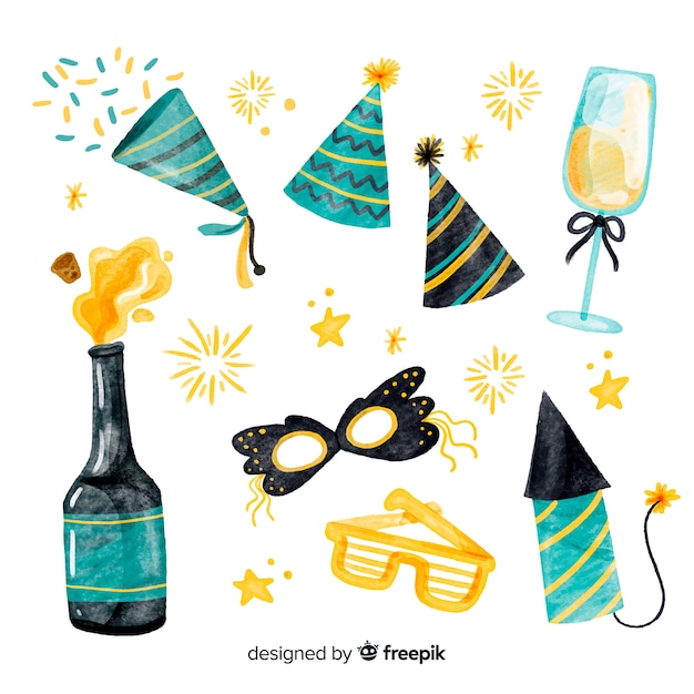 Free Vector lovely watercolor new year party element collection