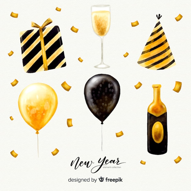 Free vector lovely watercolor new year party element collection