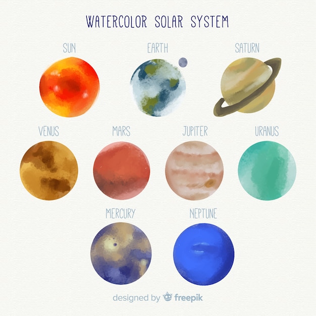 Free vector lovely watercolor solar system