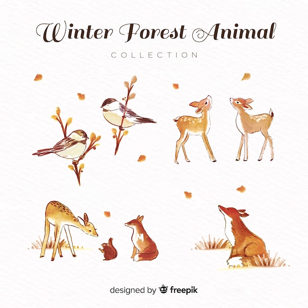 Free vector lovely watercolor winter animal collection