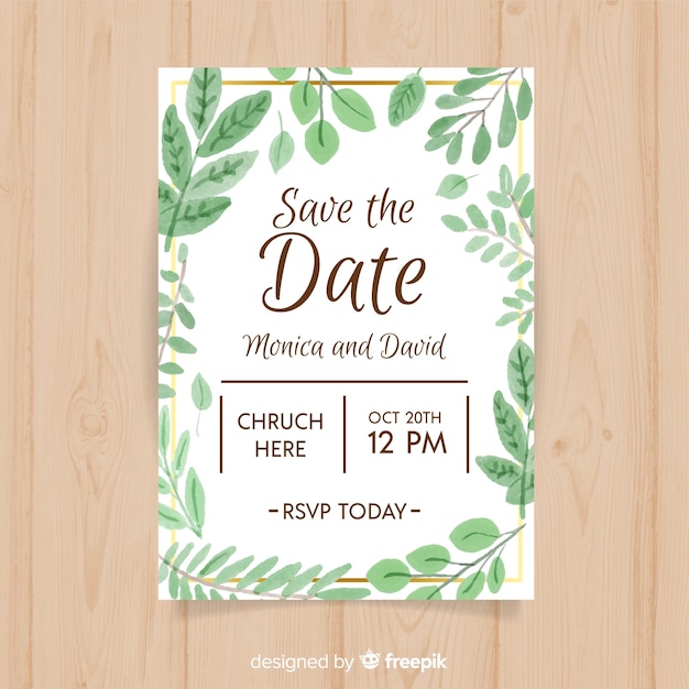 Free vector lovely wedding card template with watercolor leaves