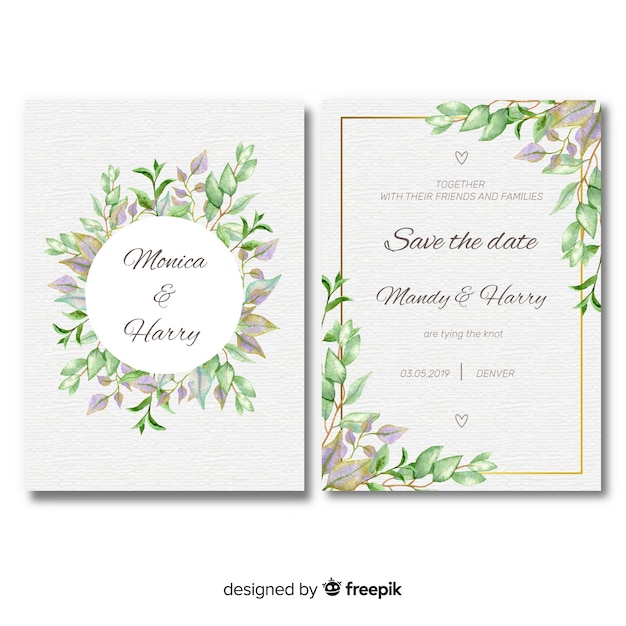 Free vector lovely wedding card template with watercolor leaves