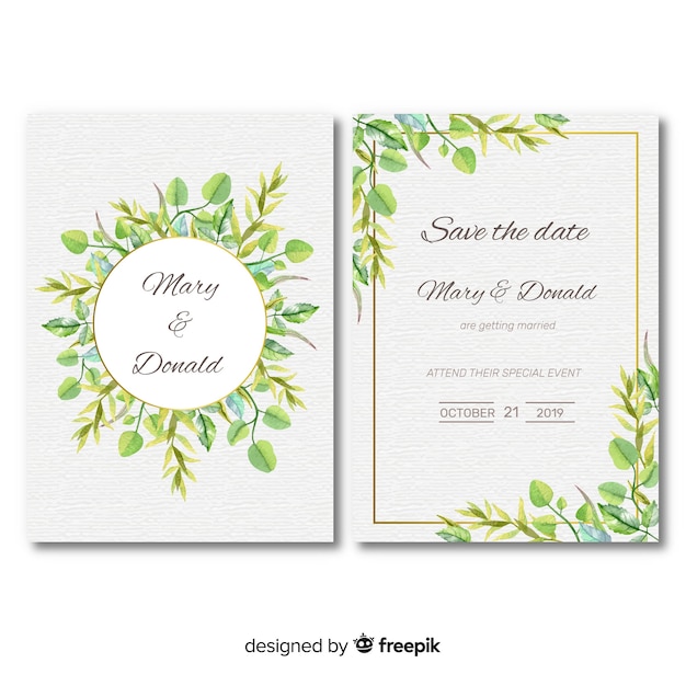 Free vector lovely wedding card template with watercolor leaves