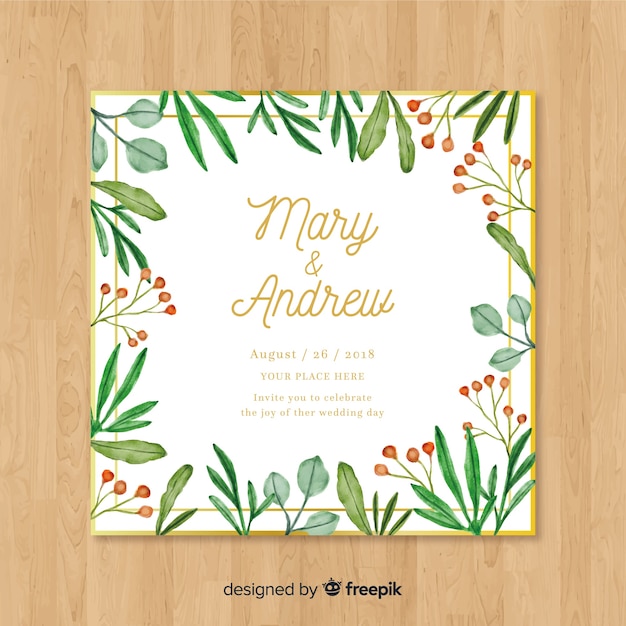 Lovely wedding card template with watercolor leaves