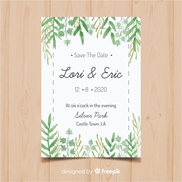 Free Vector lovely wedding card template with watercolor leaves