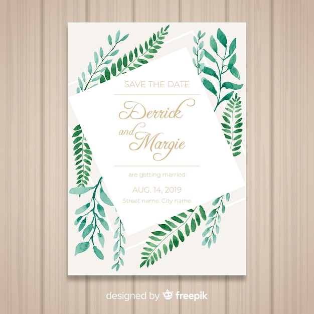 Free vector lovely wedding card template with watercolor leaves