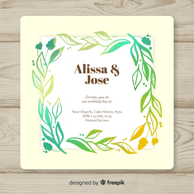 Lovely wedding card template with watercolor leaves