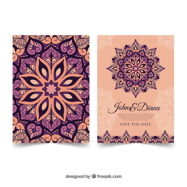 Free vector lovely wedding invitation template with colorful mandala