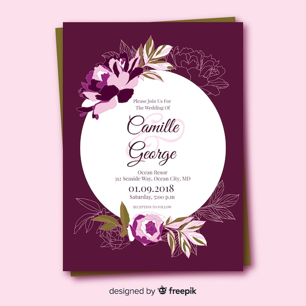 Lovely wedding invitation template with peony flowers