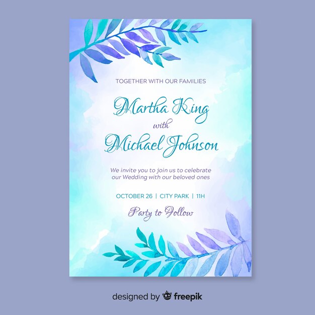 Lovely wedding invitation template with watercolor leaves