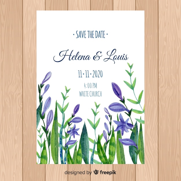 Free Vector lovely wedding invitation with watercolor leaves