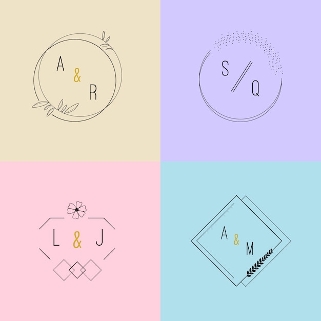 Free Vector lovely wedding monograms in pastel colors pack