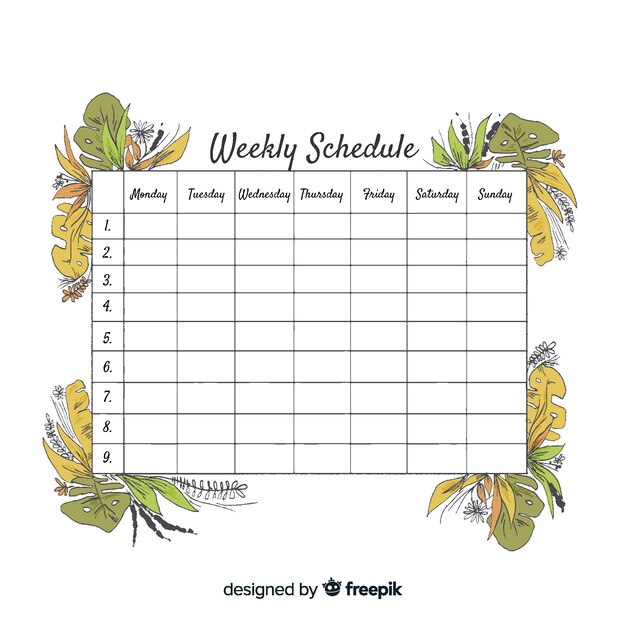 Lovely weekly schedule template with floral style