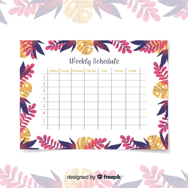 Lovely weekly schedule template with floral style