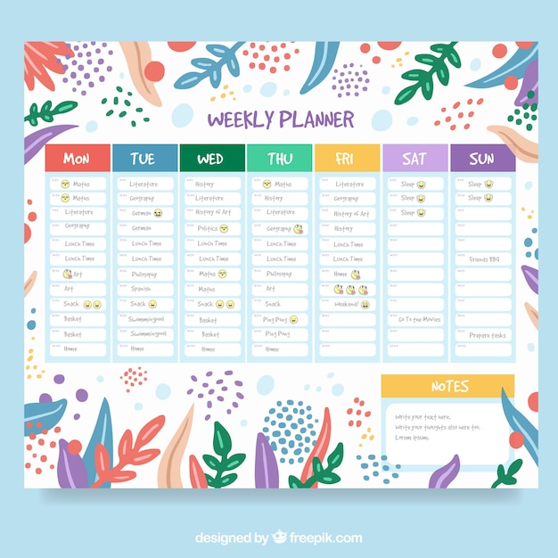 Free Vector lovely weekly schedule template with floral style