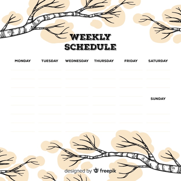 Free vector lovely weekly schedule template with hand drawn branches