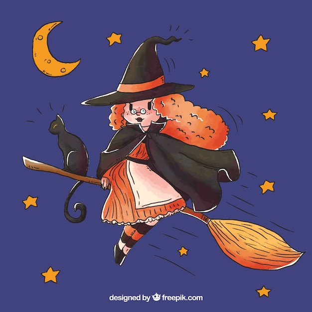 Free Vector lovely witch with hand drawn style