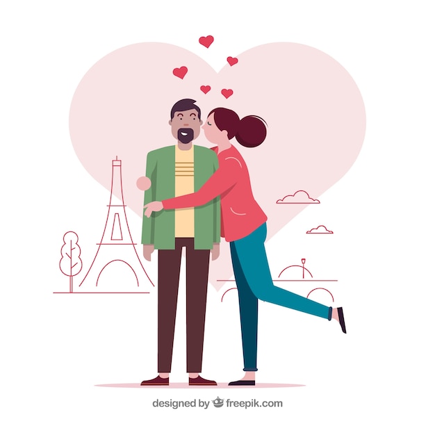 Free vector loving couple in paris with flat design