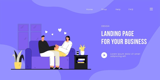 Loving couple sitting on couch together landing page template